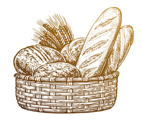 Basket with fresh baked bread and wheat. Vector illustration for bakery shop - obrazy, fototapety, plakaty