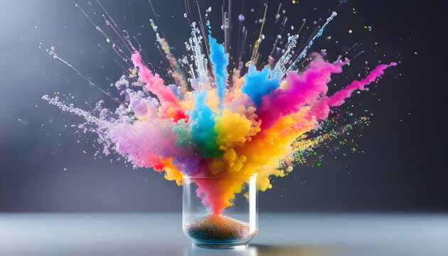 Vivid colorful explosion in lab beaker.