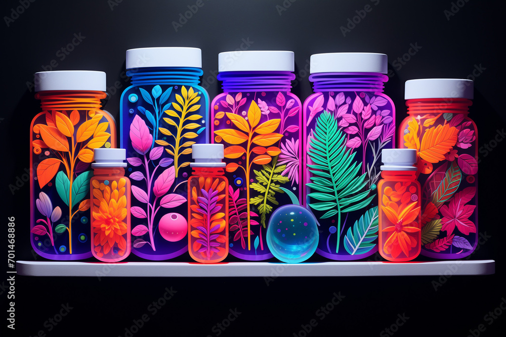 Wall mural Health and medical care creative concept. Neon plants in medicine bottles on a dark background.