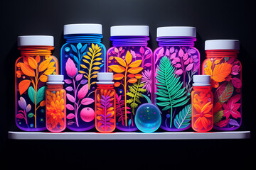 Health and medical care creative concept. Neon plants in medicine bottles on a dark background.