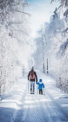 Pure joy and winter fun captured in a delightful image of a mother and child joyfully skiing outdoors. A heartwarming portrayal of winter delights. Vertical shot