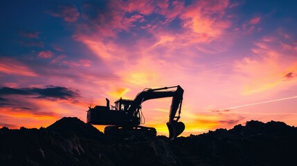 Fototapeta na wymiar Sunset Construction. Excavator Hard at Work during Golden Hour