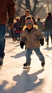 Pure joy and winter fun captured in a delightful image of an African-American child joyfully ice-skating outdoors. A heartwarming portrayal of winter delights. Vertical shot
