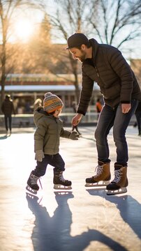 Joy and winter fun captured in a delightful image of a family joyfully ice-skating outdoors. A heartwarming portrayal of winter delights. Vertical shot, side view
