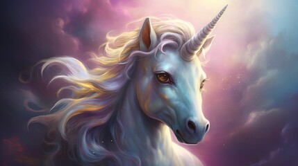Obraz na płótnie Canvas Illustration of a baby unicorn with mane and horn in pastel colors generative ai