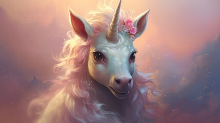 Illustration of a baby unicorn with mane and horn in pastel colors generative ai