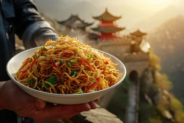 Fotobehang Gastronomic Journey: Chef Holding a Plate of Chinese Delicious Chow Mein with the Majestic Great Wall of China in the Background - A Fusion of Culinary and Cultural Delight.   © Mr. Bolota
