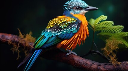 A brightly colored bird perched on a branch, showing off the intricate texture of its feathers. generative ai