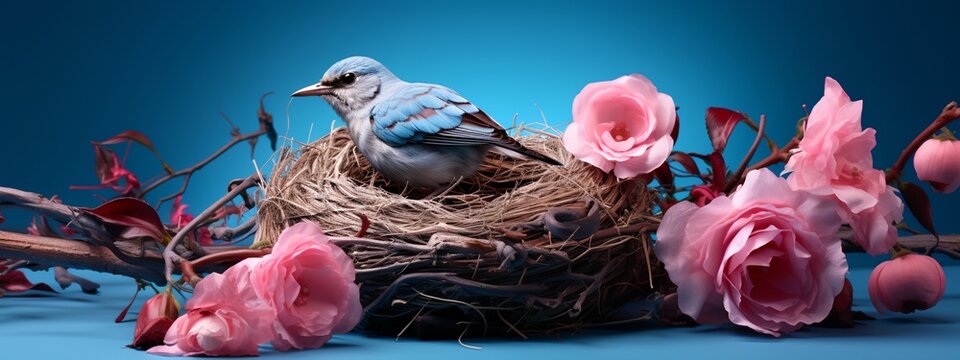 a blue bird sitting on top of a nest