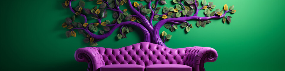 A 3D intricate pattern of a hickory tree with compound leaves in vivid green on a lavender wall, complementing a plush burgundy sofa.