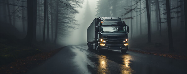 a truck driving down a wet road in the rain at night time