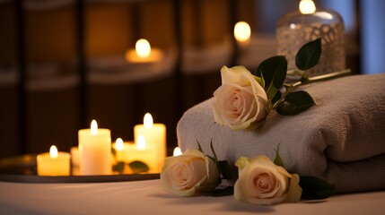 a table topped with candles and a bunch of flowers