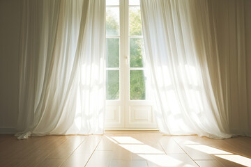 Sunlight streaming through windows with transparent curtains. Generative AI