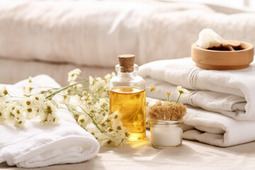 Fototapeta na wymiar Towels with herbs, massage oil and beauty treatment items setting on bed. Generative AI