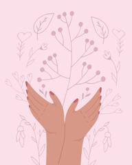 Flat vector illustration of female hands with plants.