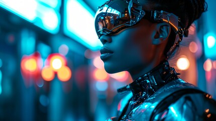 a woman wearing a helmet and goggles in a futuristic setting with a neon light behind her