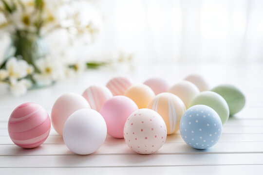 Happy easter concept. Scattered easter eggs in pastel colors on a white tabletop. Generative AI
