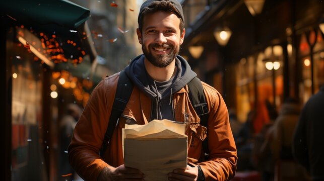 A Man Holding A Box Of Food In His Hands