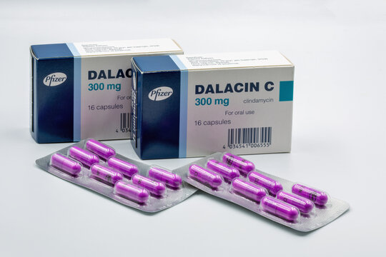 Dalacin C clindamycin capsules box and blister by Pfizer closeup.