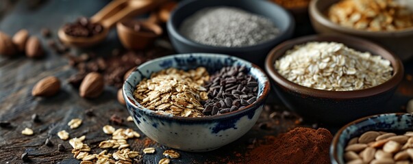 a variety of nuts and seeds in bowls on a table - obrazy, fototapety, plakaty