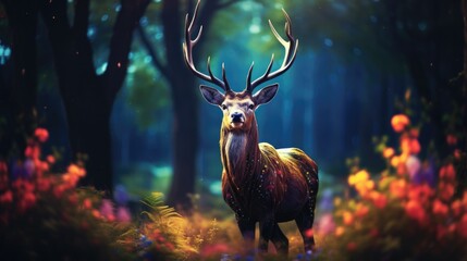 A deer with multicolored antlers in a forest clearing, showing its natural grace generative ai