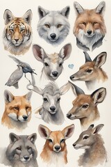 Collection of wild animals in watercolor