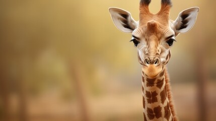 Obraz premium A giraffe calf with soft spots, highlighting its long and curious neck generative ai