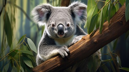 A koala with gray and white fur in a eucalyptus setting, highlighting its expressive eyes generative ai