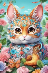 Whimsical kitten with ornate floral patterns and bright eyes