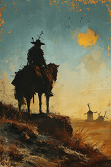 A cover featuring a silhouette of a knight on horseback against a backdrop of windmills and rolling hills, capturing the essence of Don Quixote's adventurous spirit - obrazy, fototapety, plakaty