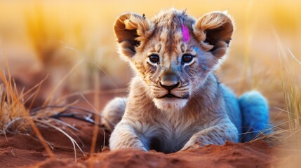 A lion cub with multicolored mane on the African savanna, showing its bravery from a young age generative ai