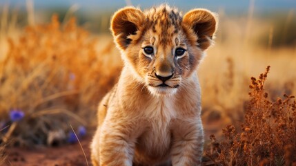 Obraz premium A lion cub with multicolored mane on the African savanna, showing its bravery from a young age generative ai