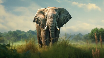 A little elephant with pastel colors in a green landscape, showcasing the realistic wrinkles in its skin generative ai - obrazy, fototapety, plakaty