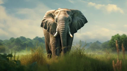 Fotobehang A little elephant with pastel colors in a green landscape, showcasing the realistic wrinkles in its skin generative ai © Francheska