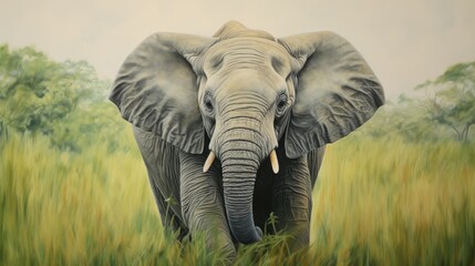 A little elephant with pastel colors in a green landscape, showcasing the realistic wrinkles in its skin generative ai - obrazy, fototapety, plakaty