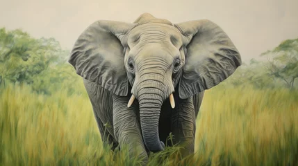 Foto op Canvas A little elephant with pastel colors in a green landscape, showcasing the realistic wrinkles in its skin generative ai © Francheska