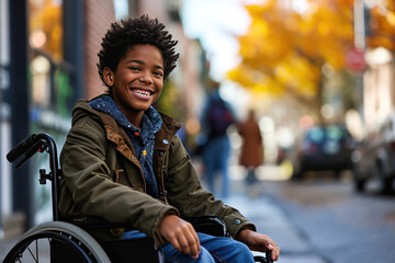 Teenage boy in wheelchair smiling looking at camera - obrazy, fototapety, plakaty