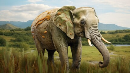Fototapeta premium A little elephant with pastel colors in a green landscape, showcasing the realistic wrinkles in its skin generative ai