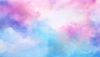 Obraz na płótnie Canvas Dreamy Watercolor blend of pink, blue, and white hues, resembling soft clouds in a serene sky.