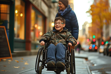 Teenage boy in wheelchair smiling looking at camera - obrazy, fototapety, plakaty