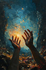 pair of hands, one holding a radiant book and the other reaching towards a distant horizon, signifying the power of storytelling and the journey of imagination