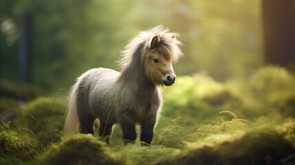 Obraz premium A miniature horse with soft tones in a green field, highlighting the texture of its coat generative ai