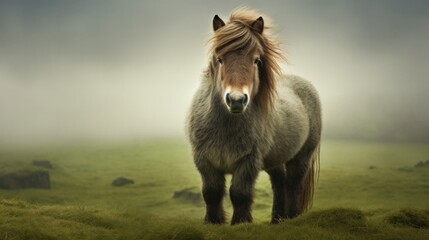 Fototapeta premium A miniature horse with soft tones in a green field, highlighting the texture of its coat generative ai