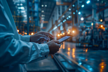 Logistics technologies. Smart warehouse management system. Business Logistics technology concept.Manager hands using tablet on blurred warehouse with full of boxes as background