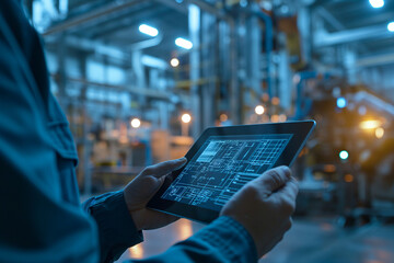 Logistics technologies. Smart warehouse management system. Business Logistics technology concept.Manager hands using tablet on blurred warehouse with full of boxes as background