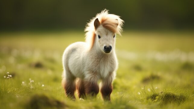 A miniature horse with soft tones in a green field, highlighting the texture of its coat generative ai