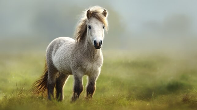 A miniature horse with soft tones in a green field, highlighting the texture of its coat generative ai