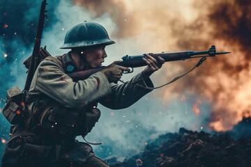 A World War I Soldier in Uniform Stands Heroically Holding a Rifle Against a War Scene Background, Symbolizing Courage and Heroism - obrazy, fototapety, plakaty
