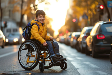 Teenage boy in a wheelchair accompanied by an adult and smiling looking at the camera - obrazy, fototapety, plakaty