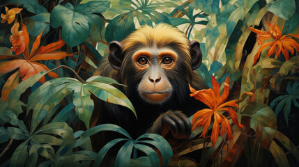 illustration of a monkey with tropical tones in a lush jungle, emphasizing the curiosity in its eyes. generative ai - obrazy, fototapety, plakaty